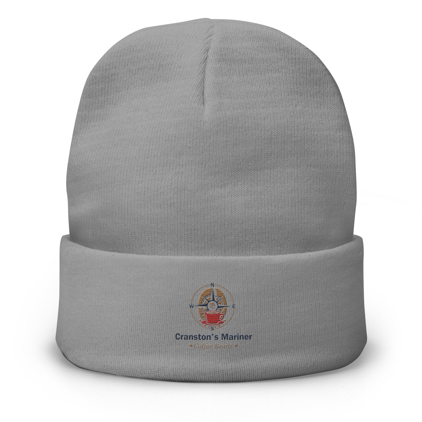 Light gray embroidered beanie with front logo patch on folded cuff