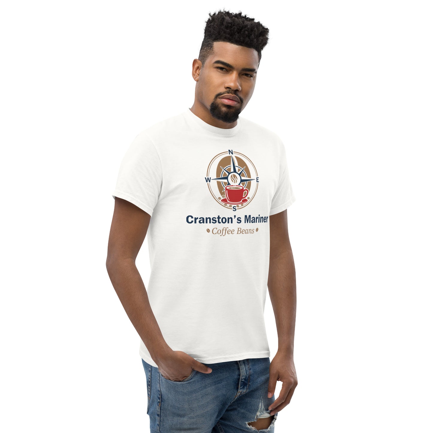 Unisex classic T-shirt, white, crew neck, chest emblem with text, short sleeves.