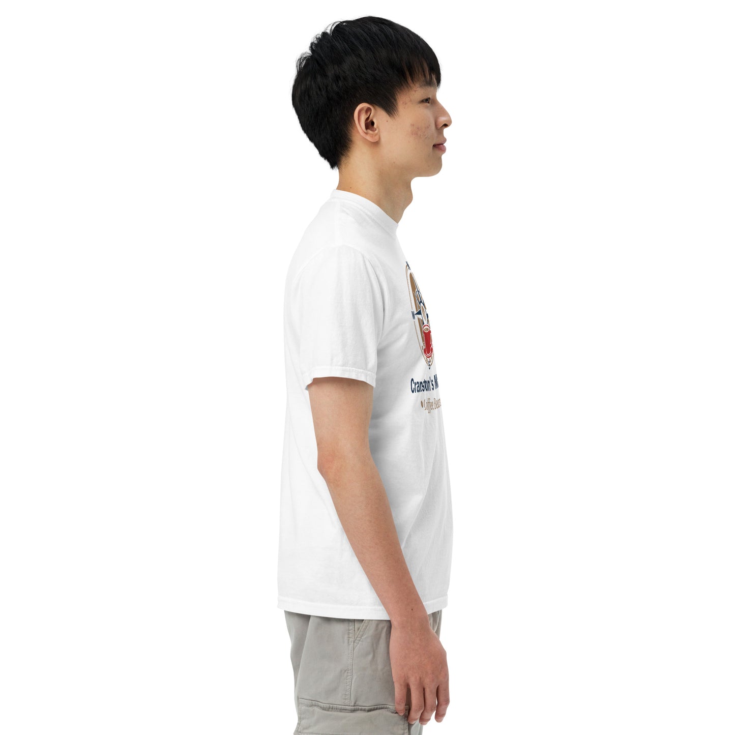 White unisex heavyweight T-shirt with front chest graphic, crew neck, short sleeves
