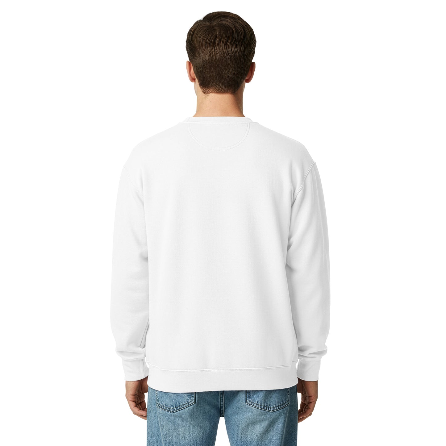 Unisex garment-dyed sweatshirt, white, back view, crewneck long sleeves