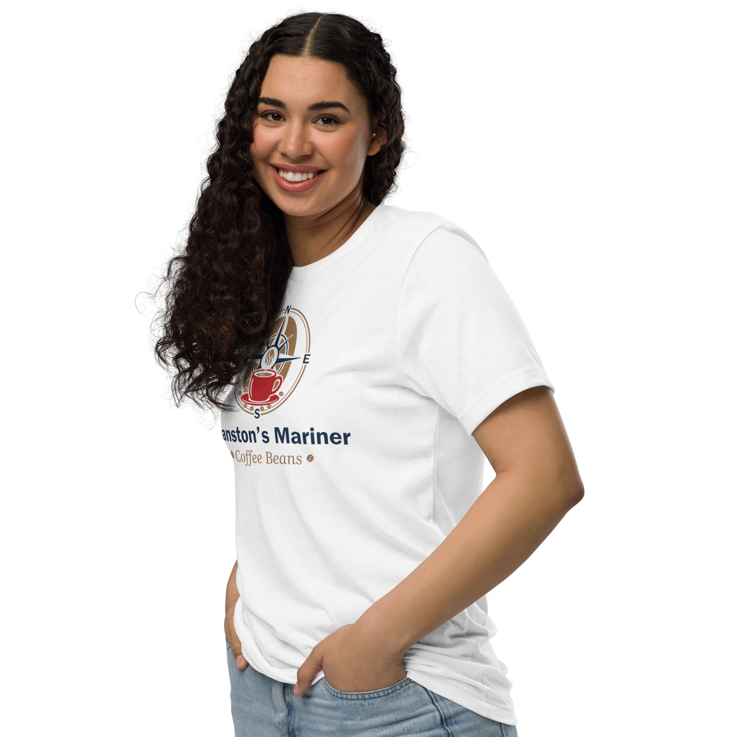 Unisex eco T-shirt, white with front emblem and Coffee Beans text
