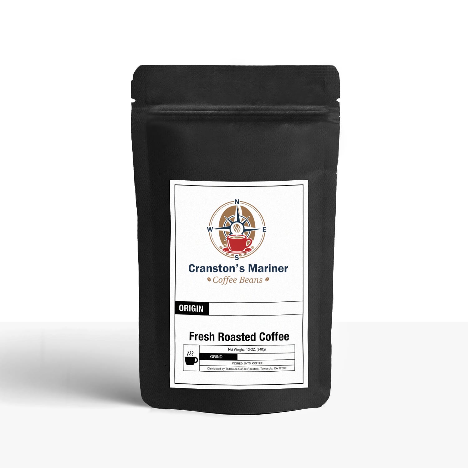 Black coffee capsule pouch with front label and zip top