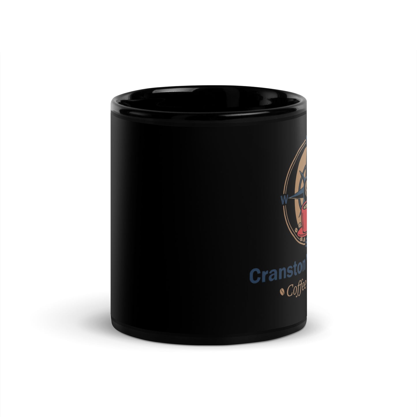 Glossy black mug with partial logo and text on the side
