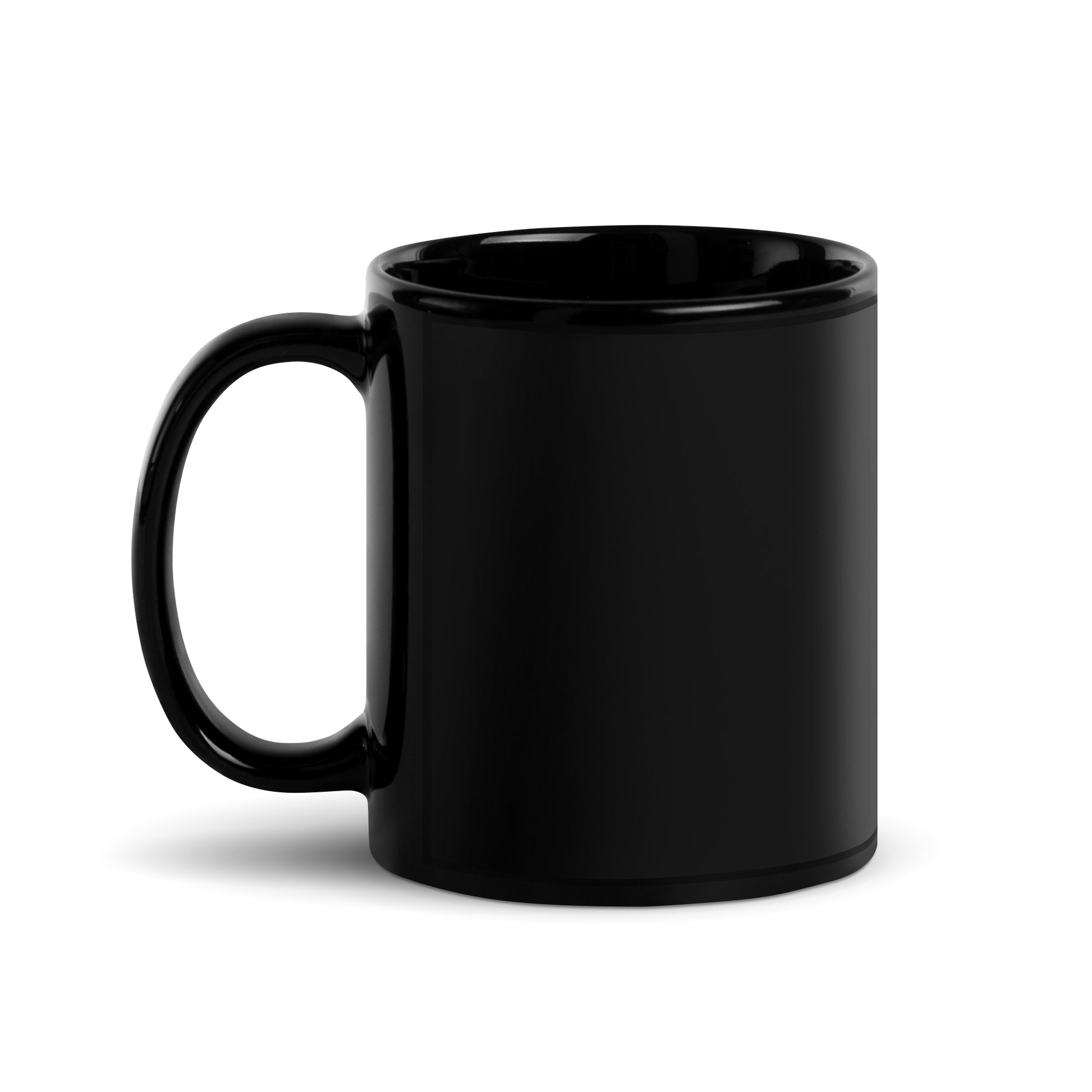 Glossy black mug with side handle, plain exterior