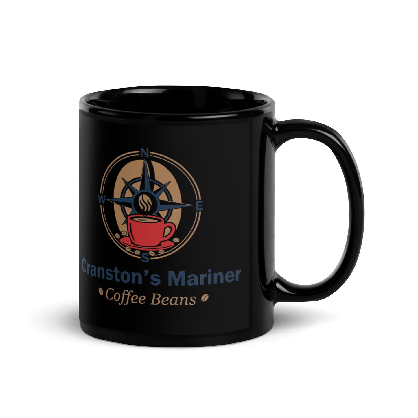 Glossy black mug with illustrated logo and text, side handle