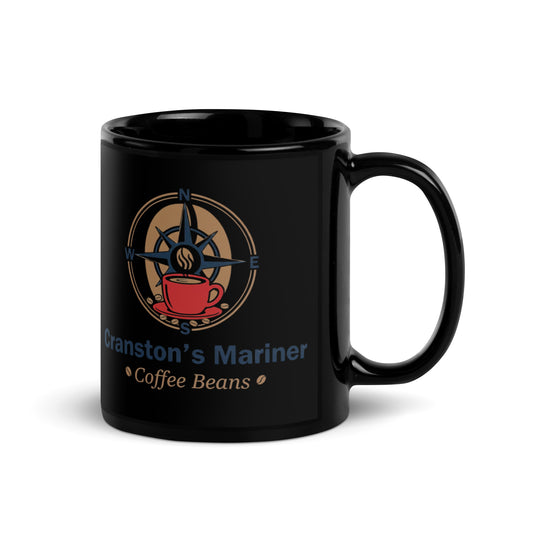 Glossy black mug with illustrated logo and text, side handle