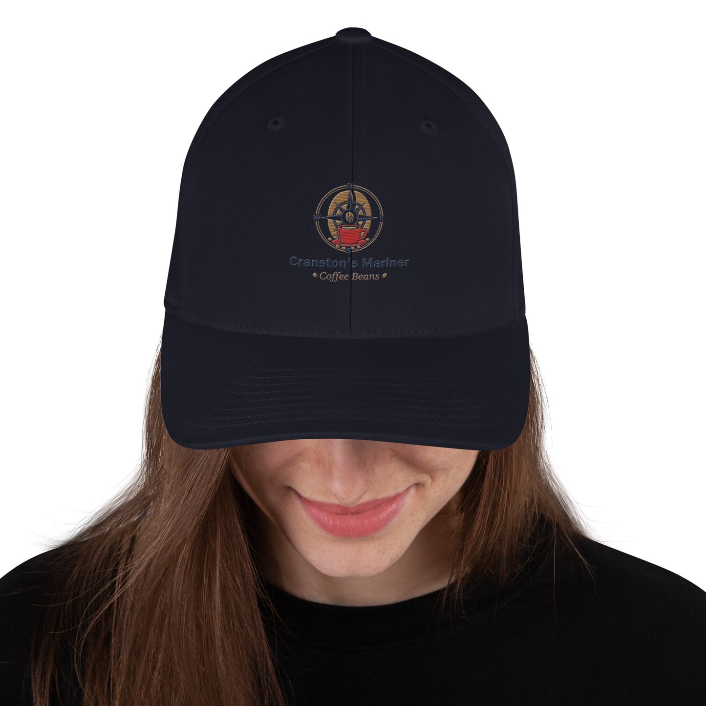 Structured twill cap in dark navy, front view with embroidered logo