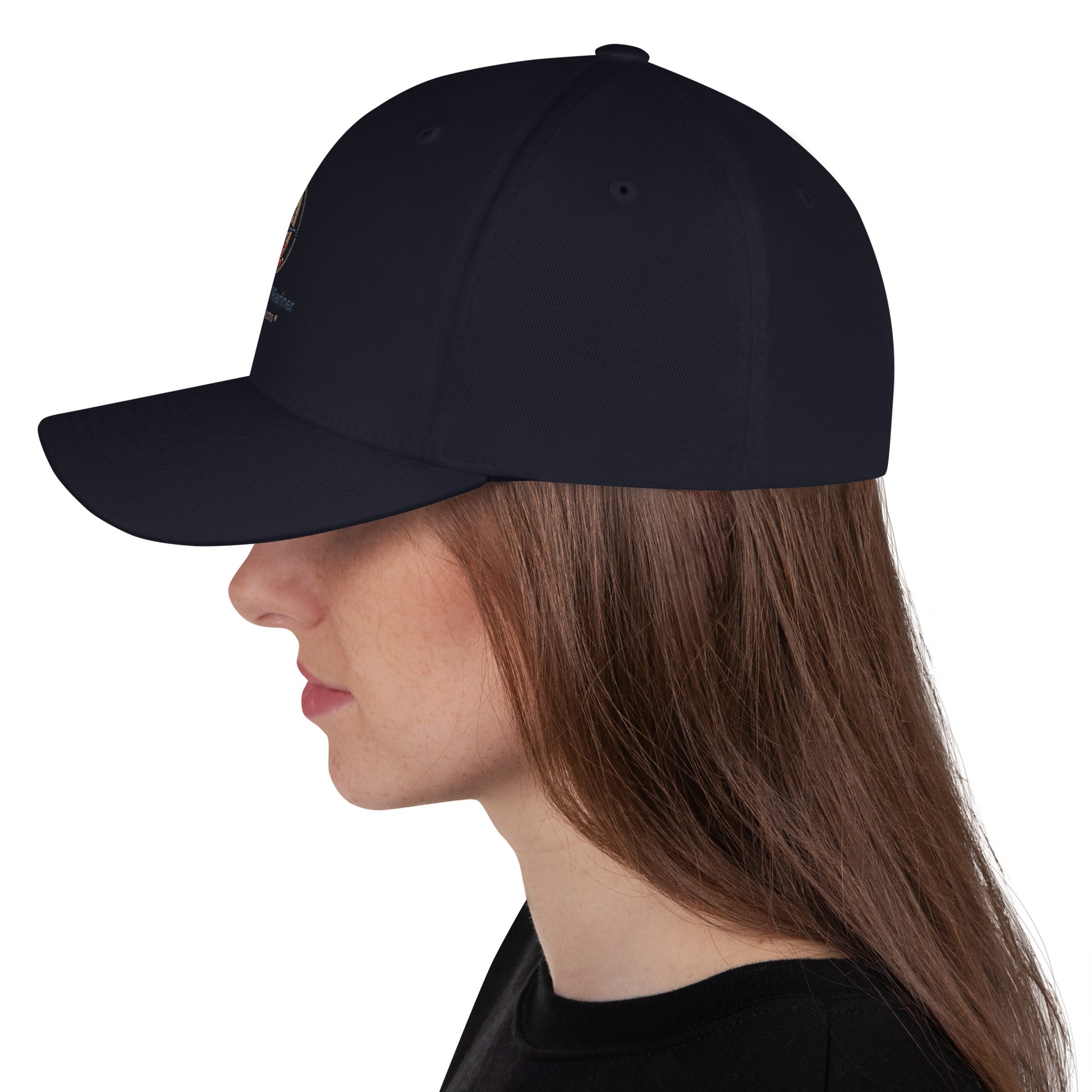 Structured twill cap in dark navy, side profile view, curved brim