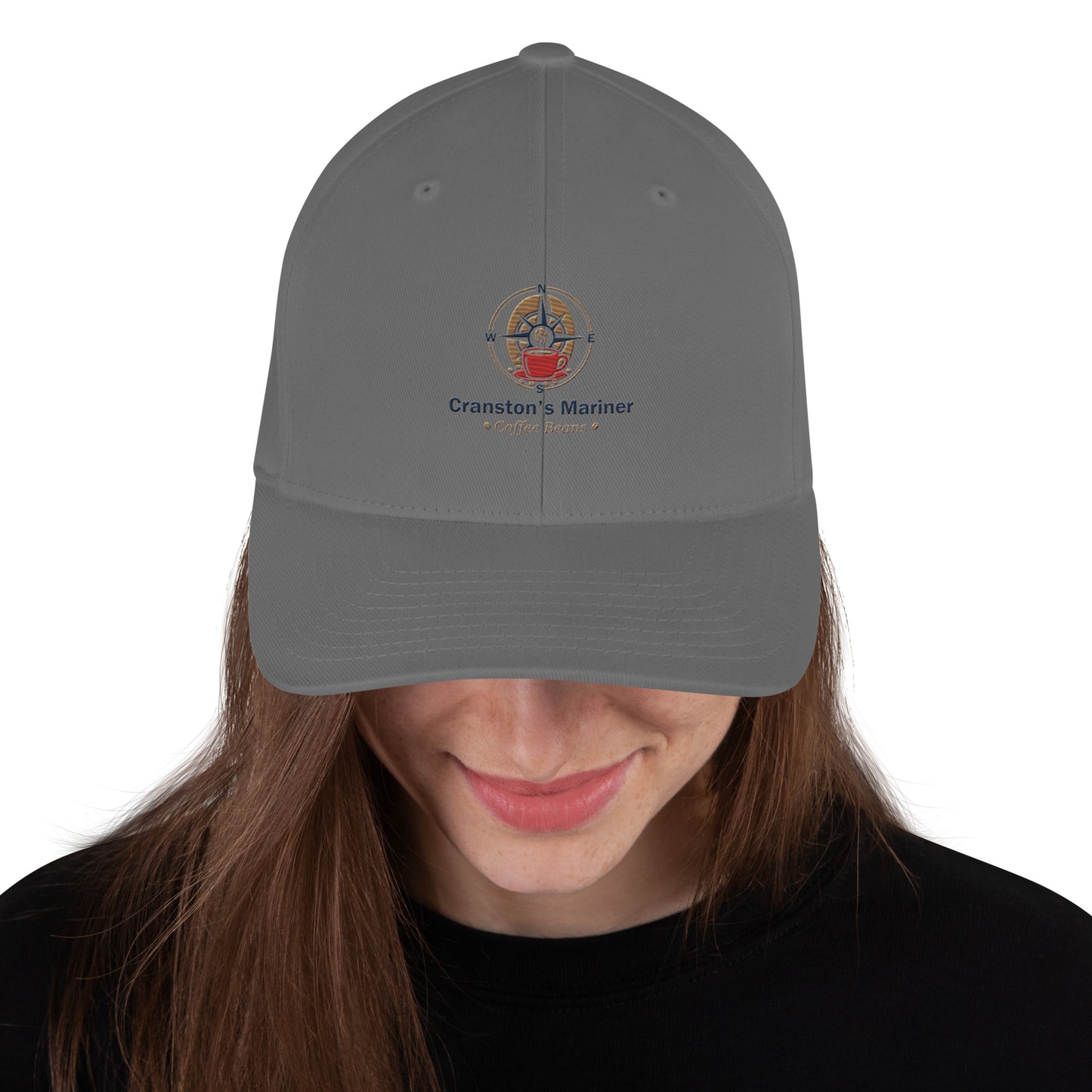 Structured twill cap in dark gray with embroidered logo at front.