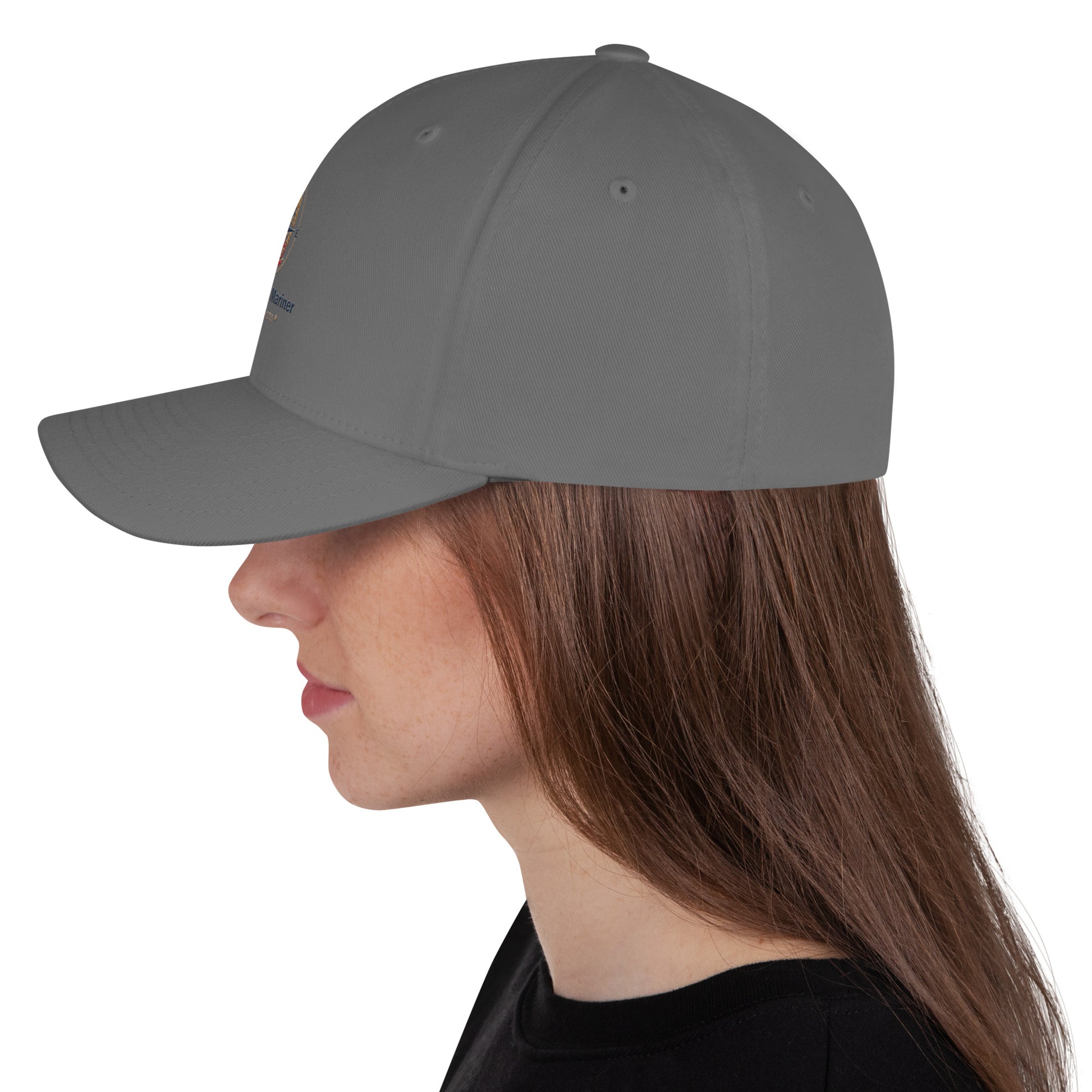 Structured twill cap in dark gray, side profile with curved brim.