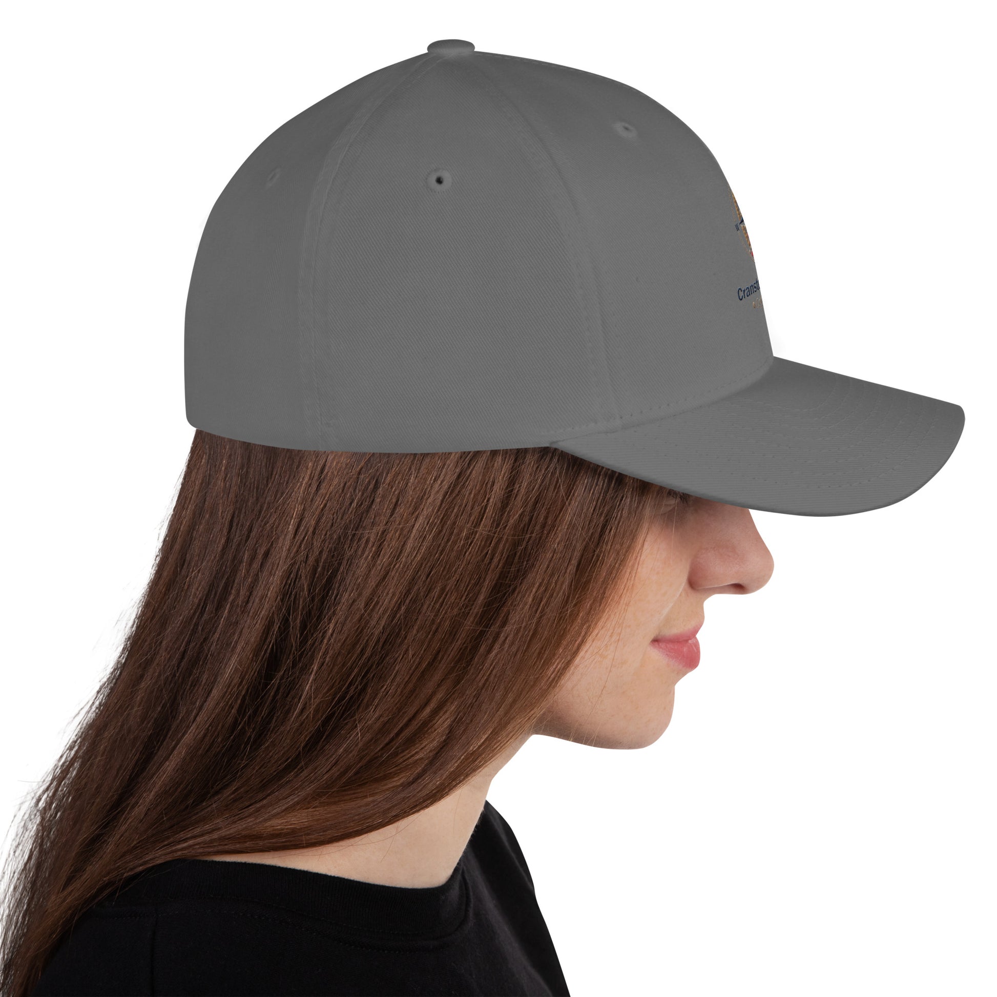 Structured twill cap in dark gray with side seam panel detail.