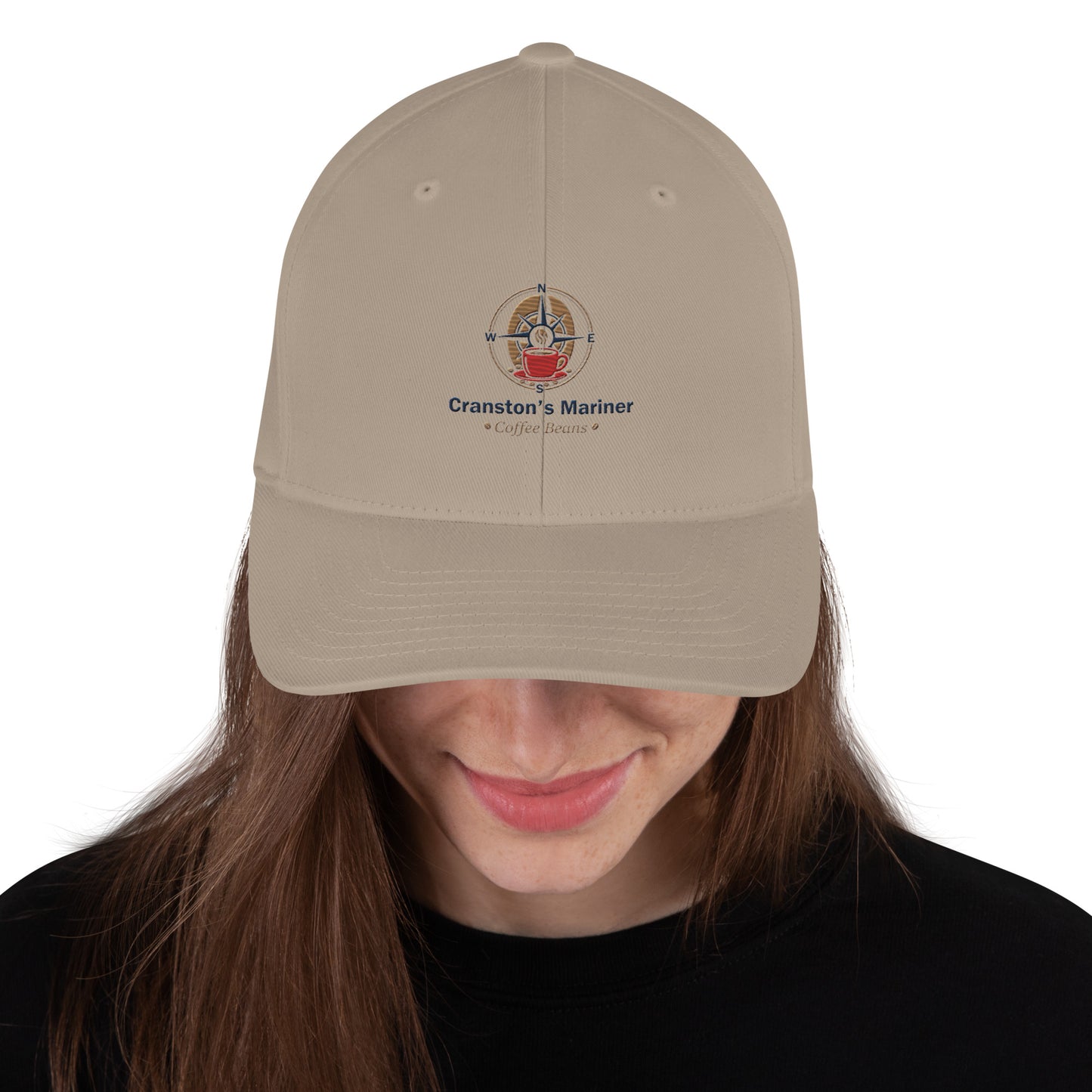 Structured twill cap in khaki with embroidered logo at front.