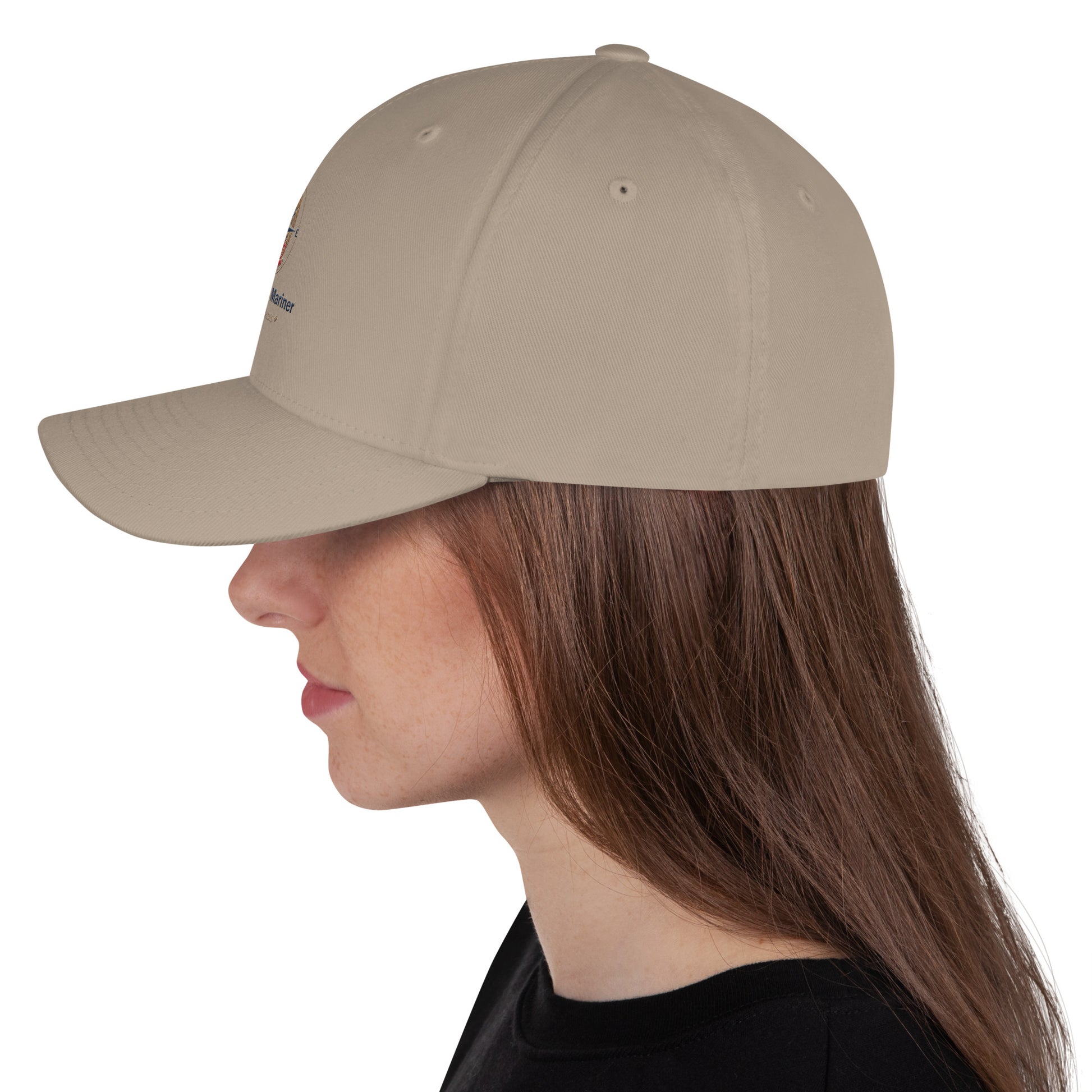 Structured twill cap in khaki, side profile with curved brim.