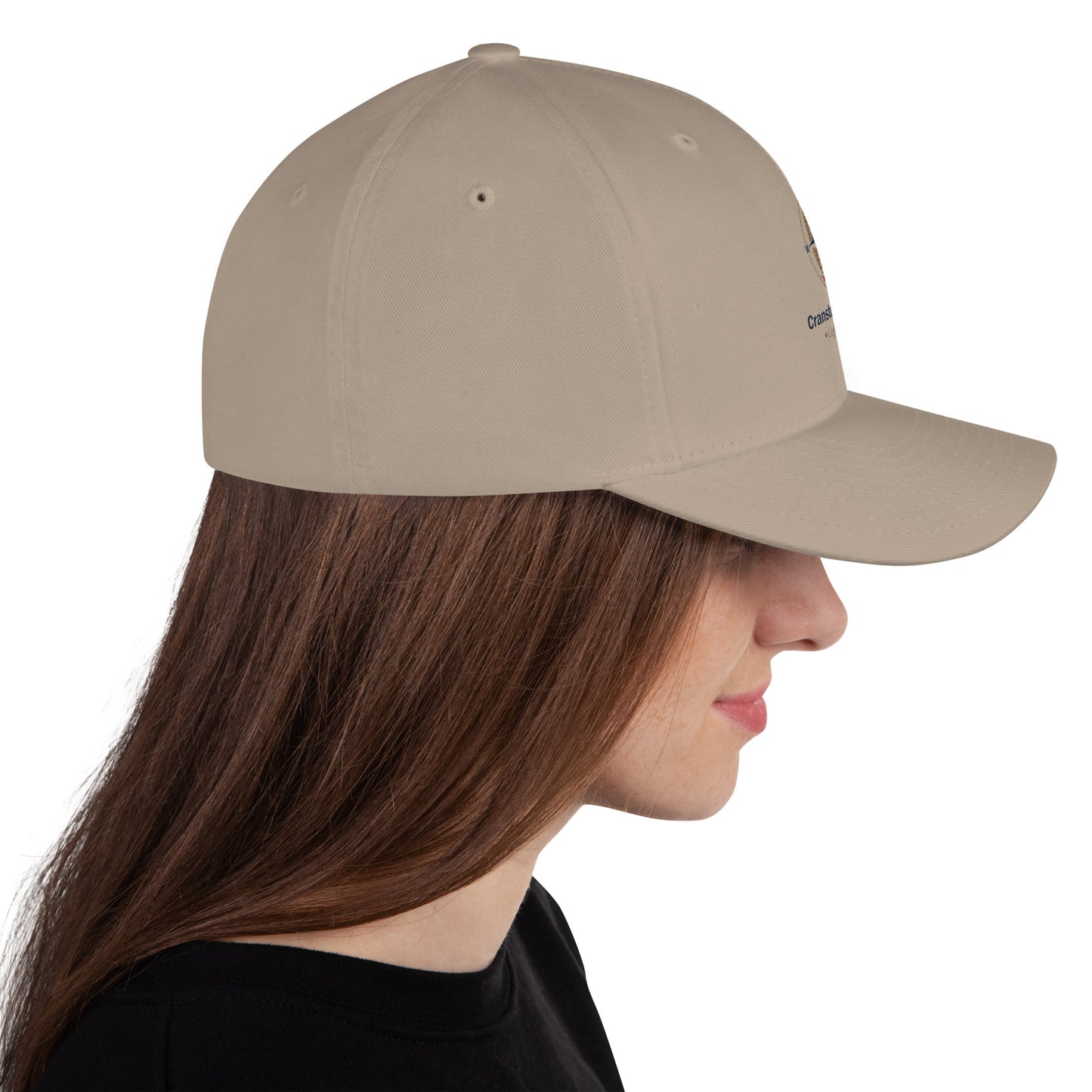 Structured twill cap in khaki with side seam panel detail.
