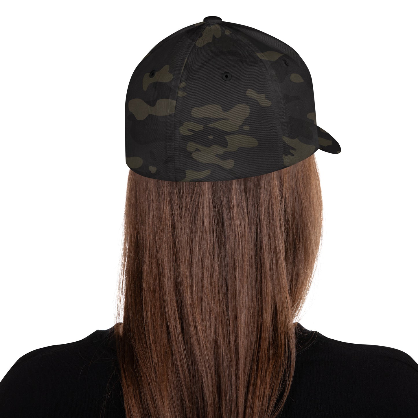 Structured twill cap in dark camo, back view with curved brim