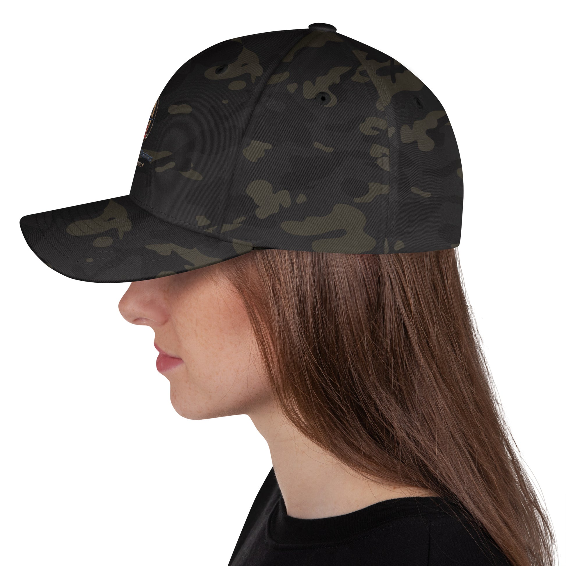 Structured twill cap in dark camo, side profile view, curved brim
