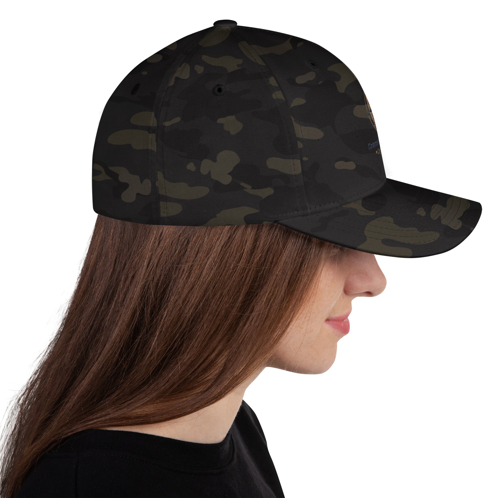Structured twill cap in dark camo, three-quarter view with curved brim