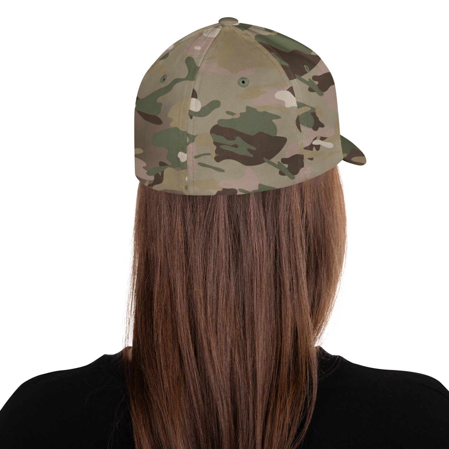 Camouflage twill baseball cap with curved brim, back view