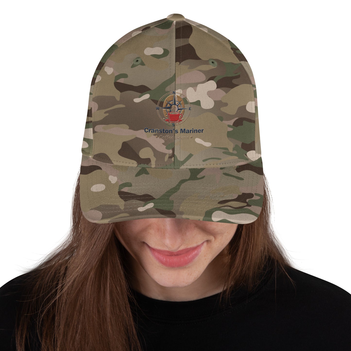 Camouflage twill baseball cap with curved brim and structured crown, front view