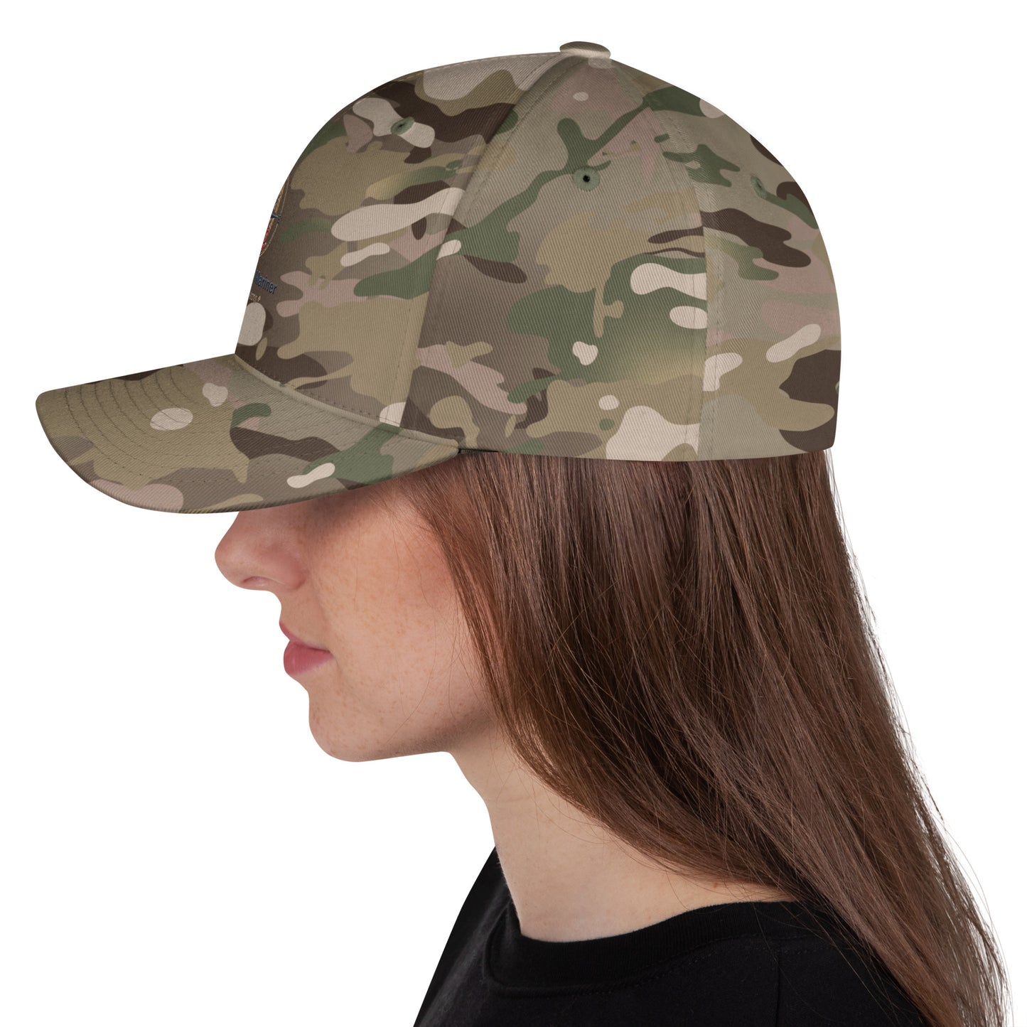 Camouflage twill baseball cap with curved brim, side profile