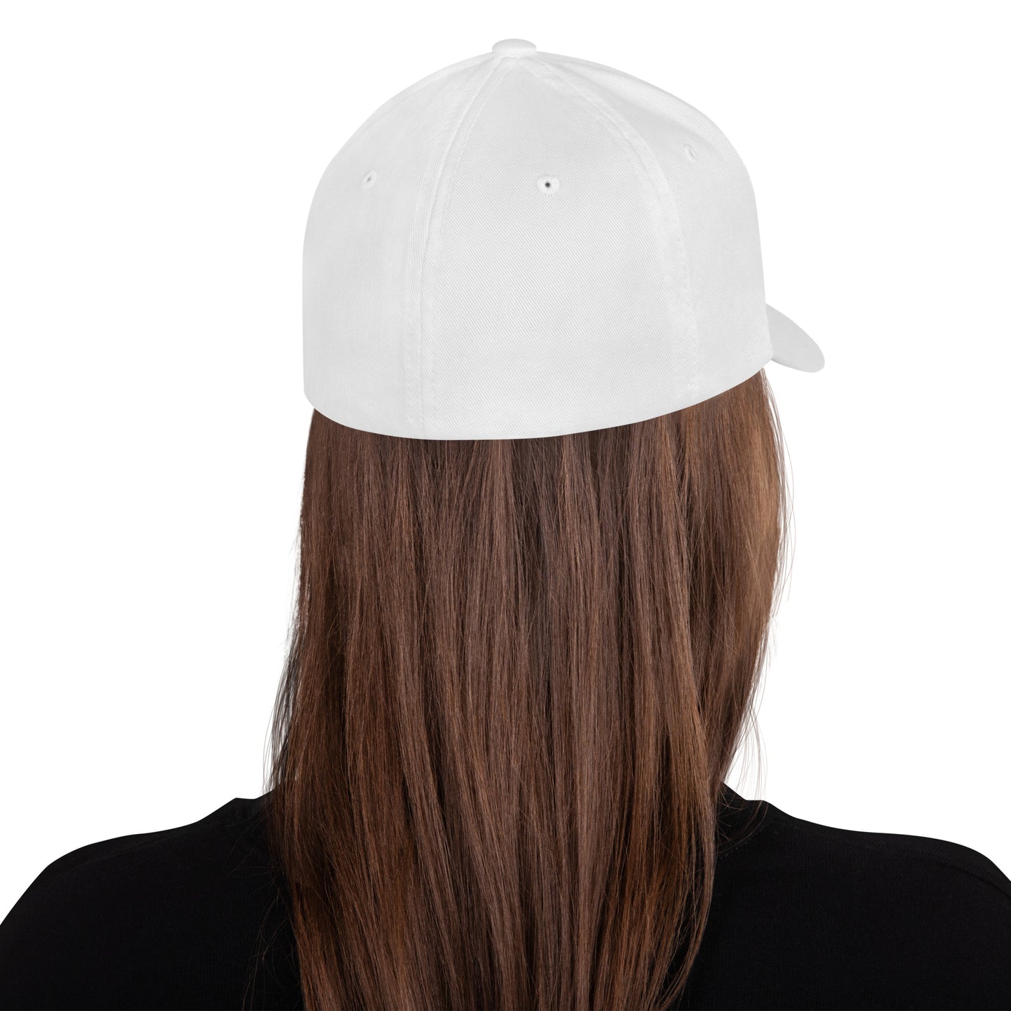 Structured twill cap in white, back view with curved brim.