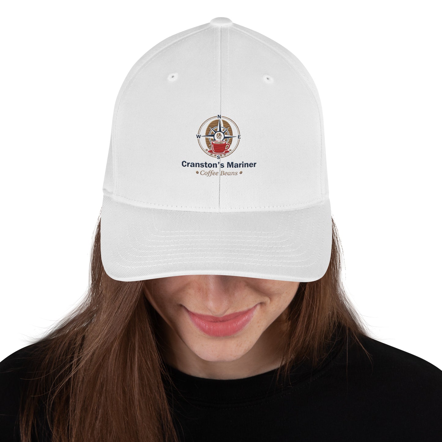Structured twill cap in white with embroidered logo at front.