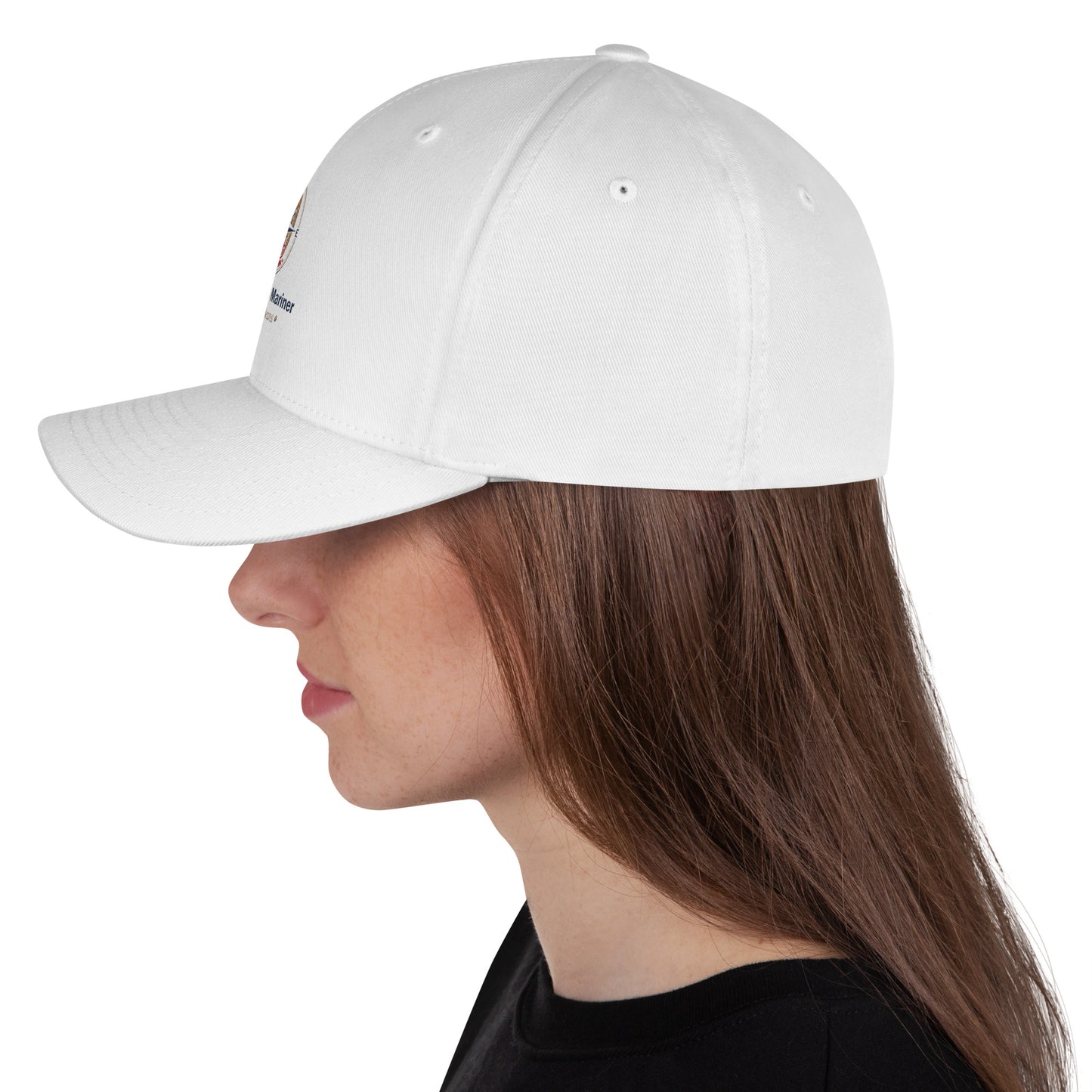 Structured twill cap in white, curved brim, front view on model