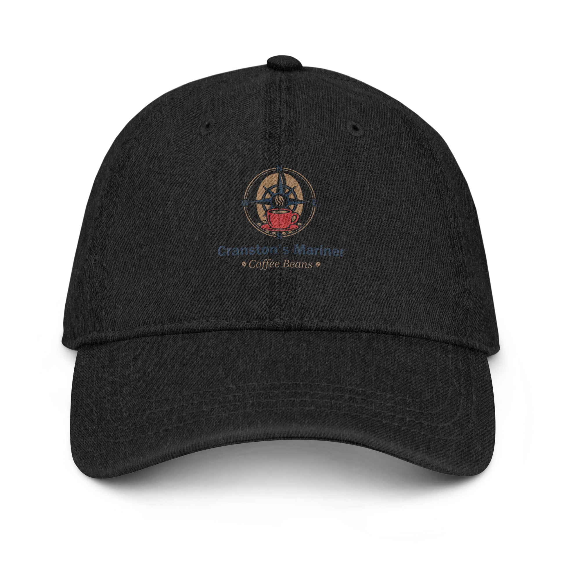 Black denim baseball cap with centered front emblem and curved brim