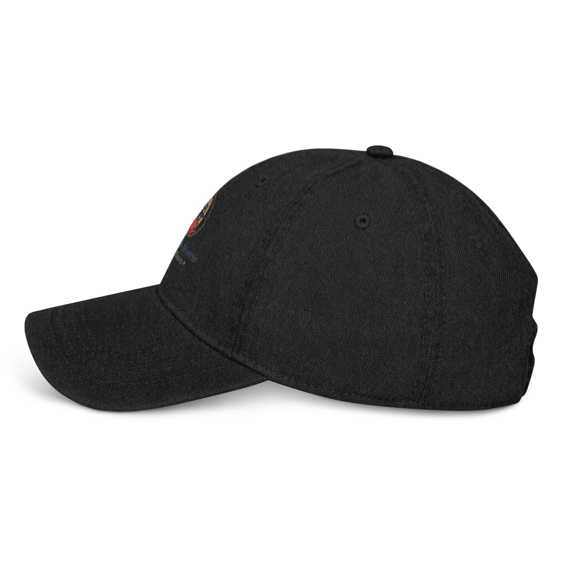 Black denim baseball cap with curved brim and small side embroidered patch