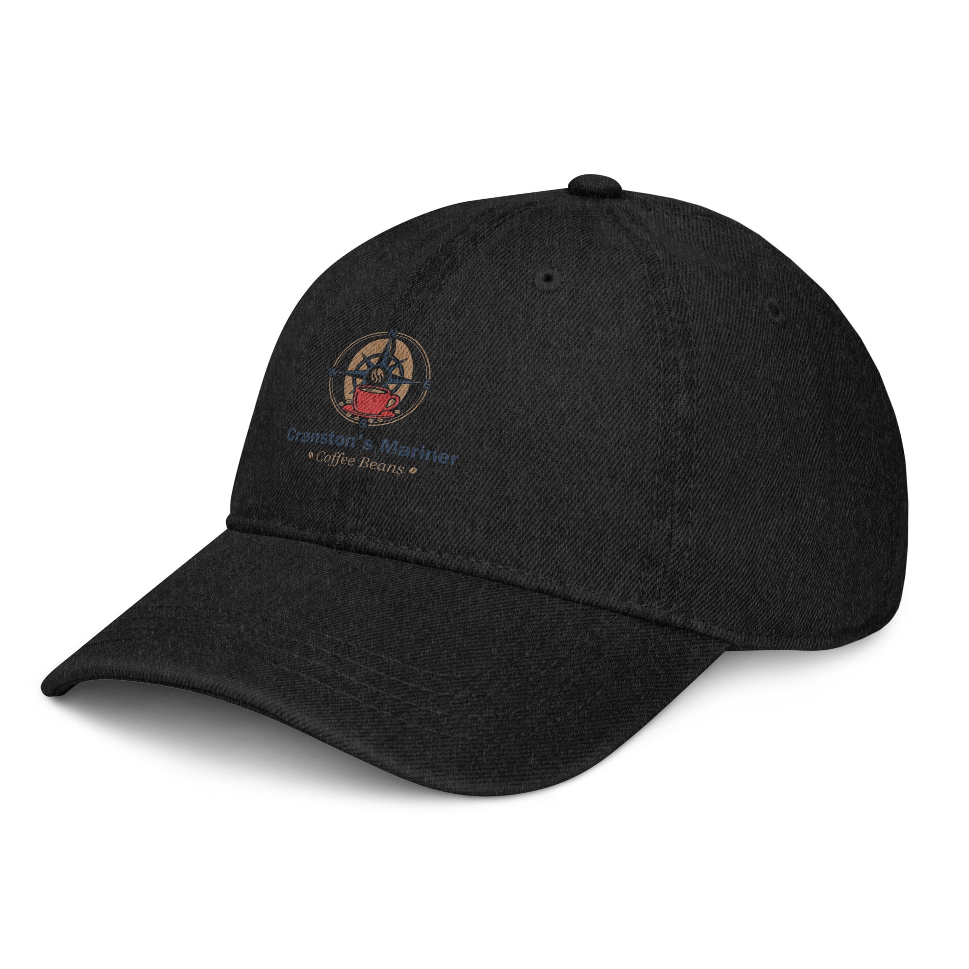Black denim baseball cap with curved brim and front circular logo patch