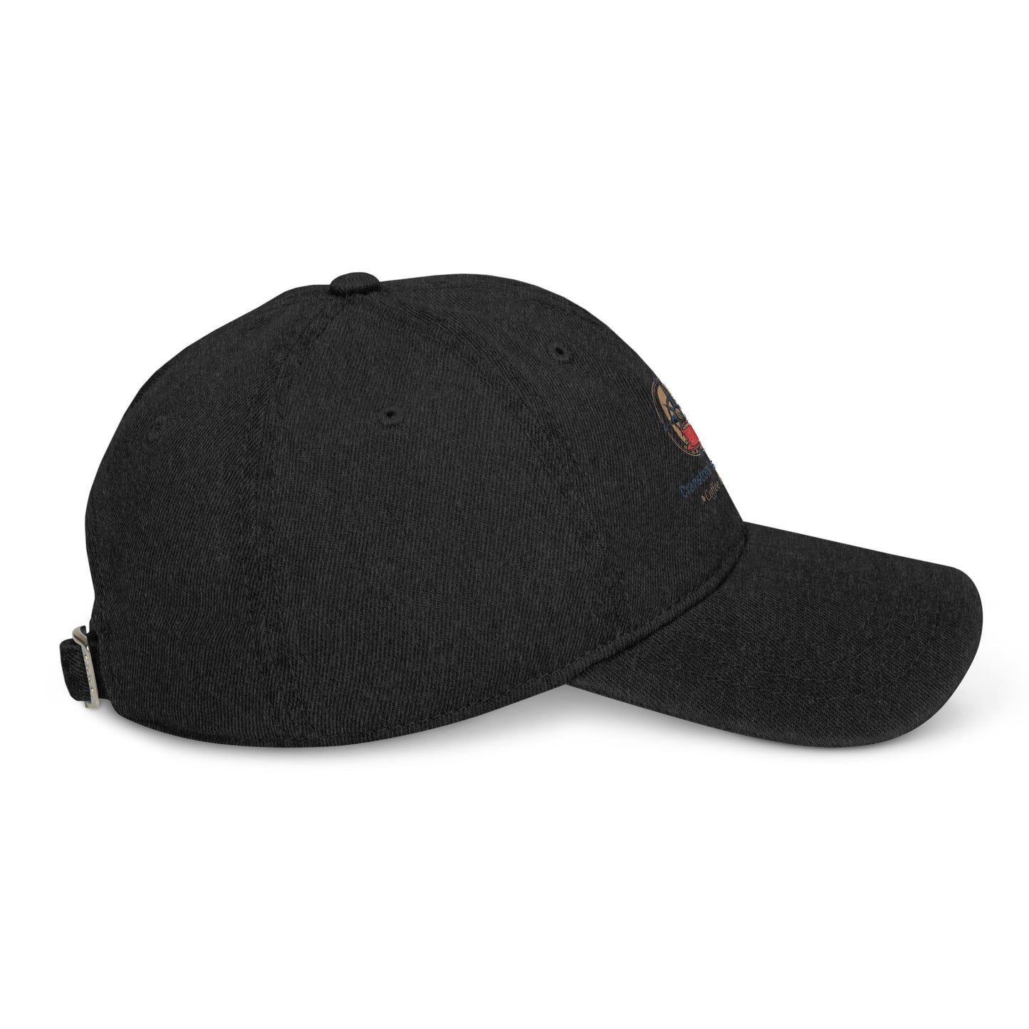 Black denim baseball cap, side view with small multicolor embroidered patch
