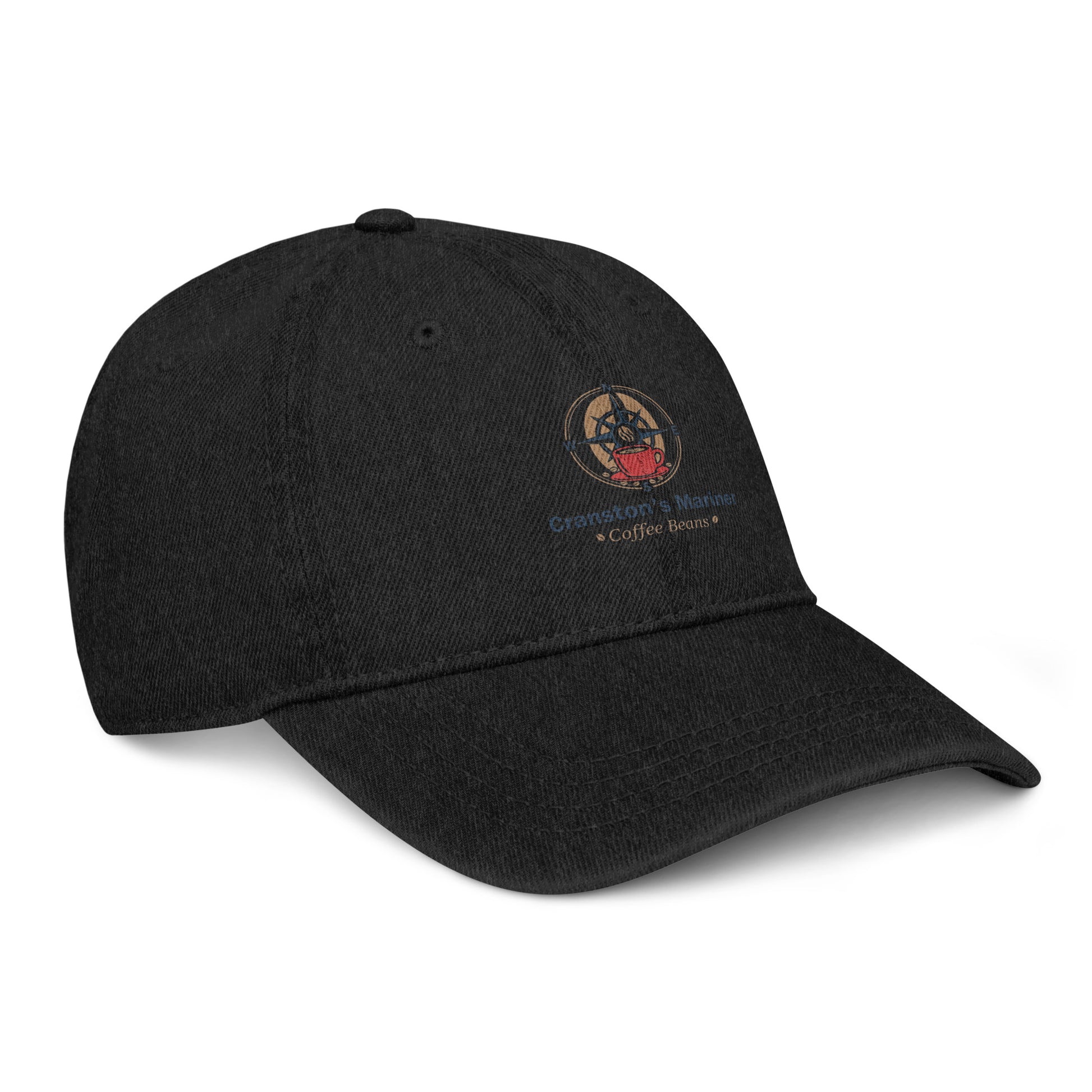 Black denim baseball cap with front circular emblem and curved brim