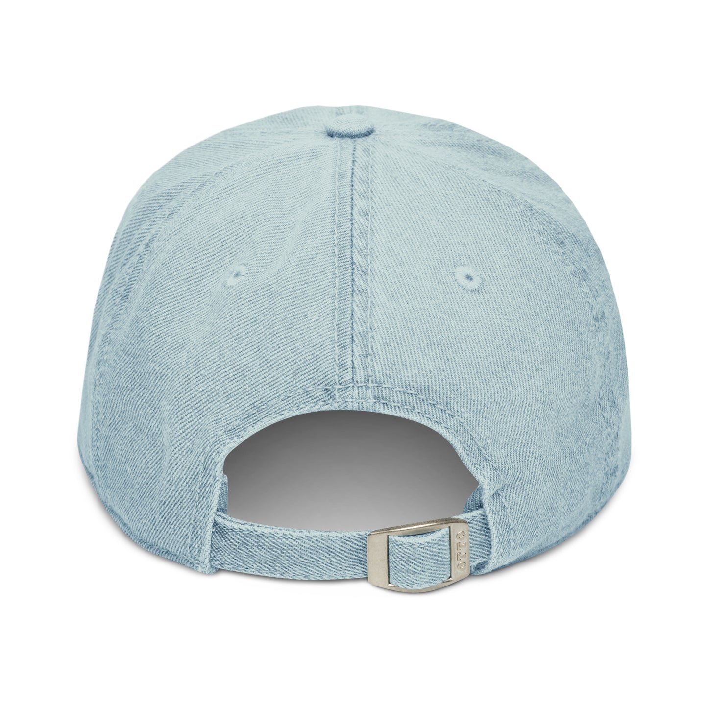 Light blue denim baseball cap with adjustable back strap and open crown