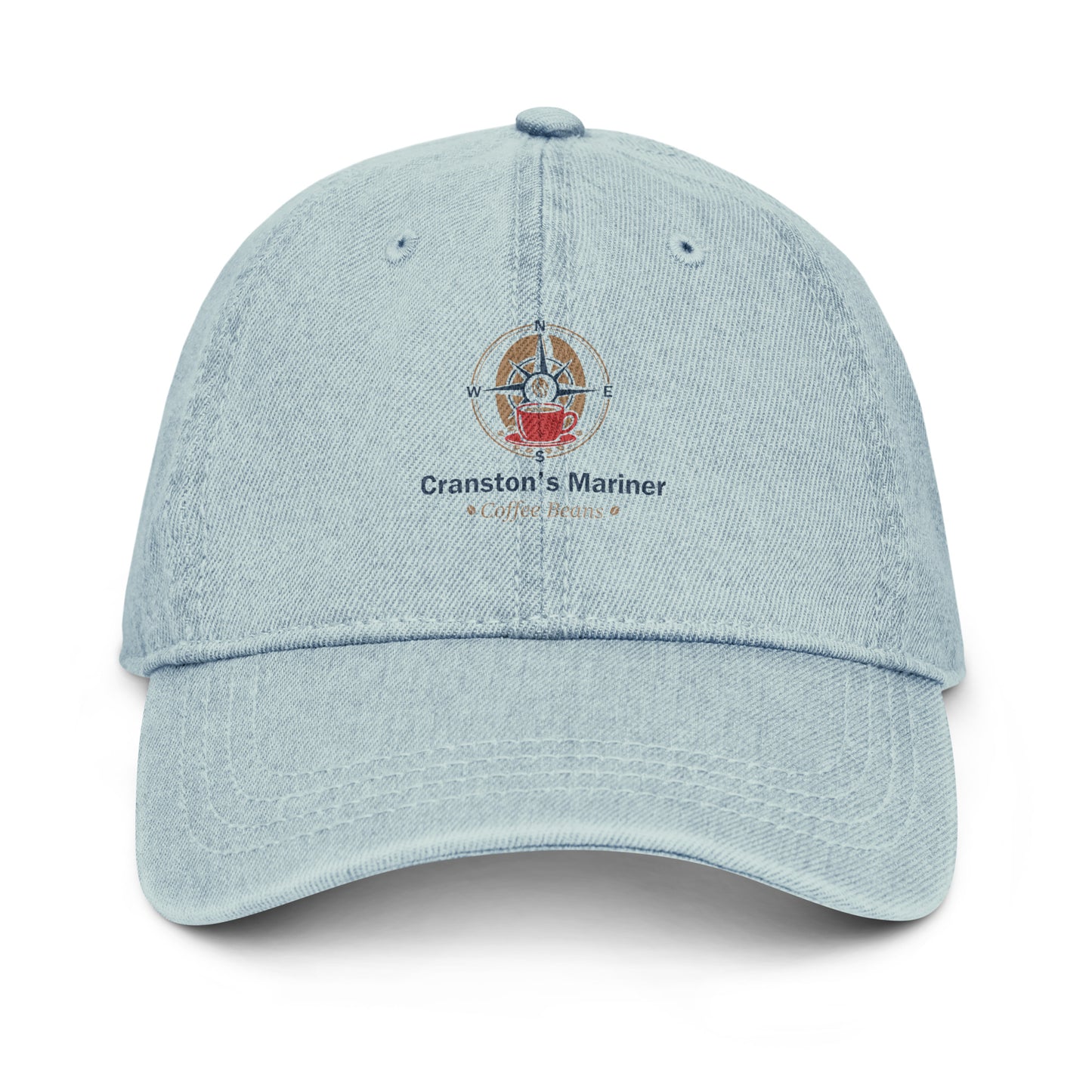 Light blue denim baseball cap with centered back logo and curved brim