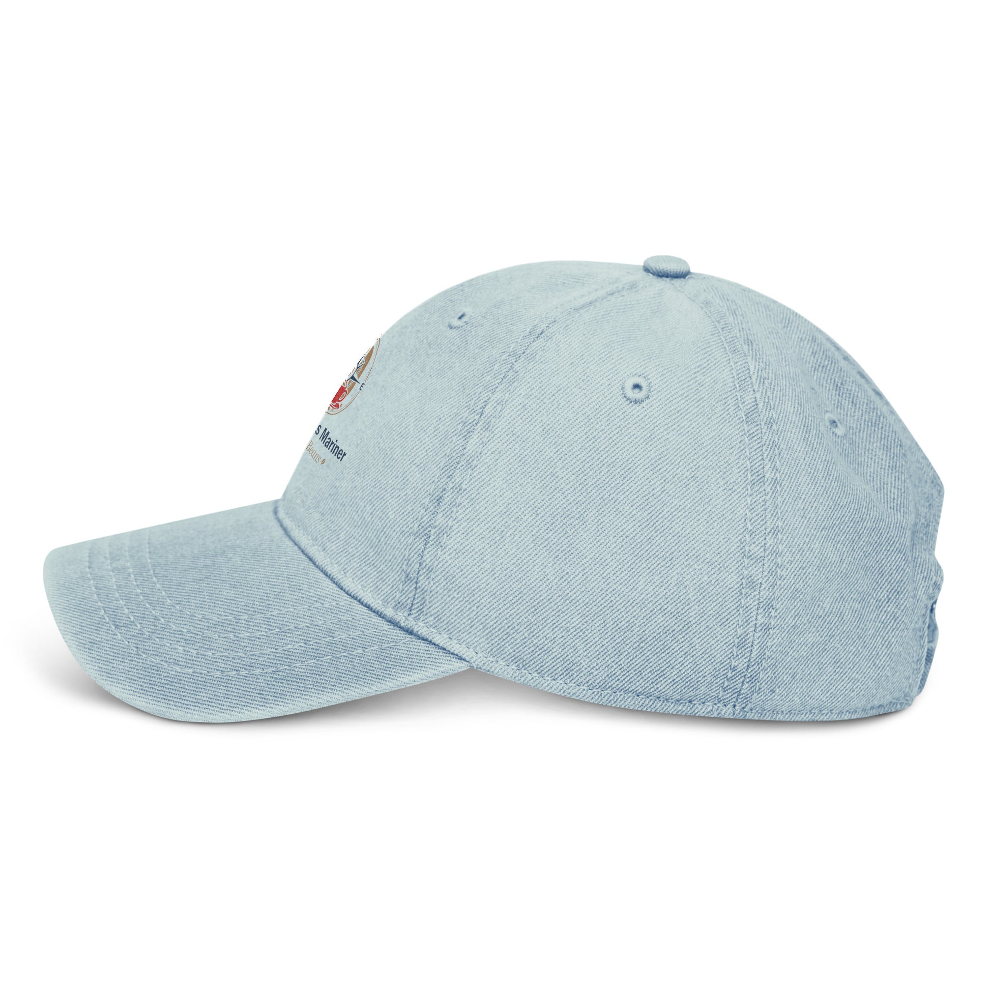 Light blue denim baseball cap, side view with small embroidered patch