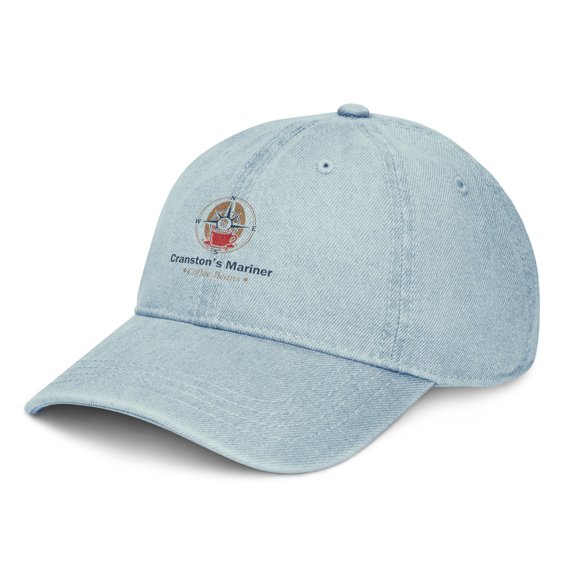 Light blue denim baseball cap with front circular logo and curved brim