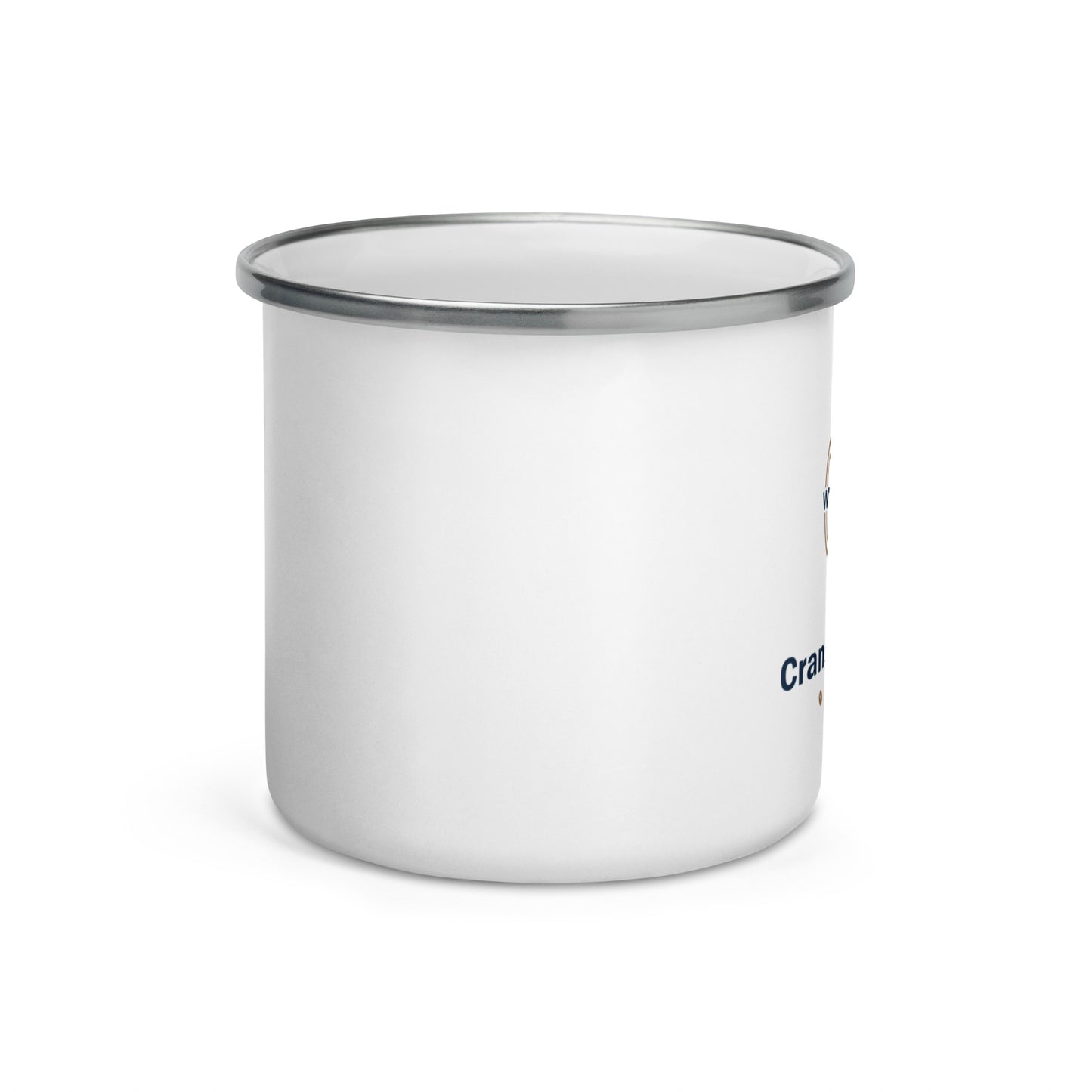 Enamel mug with navy rim, plain white side with partial brand text