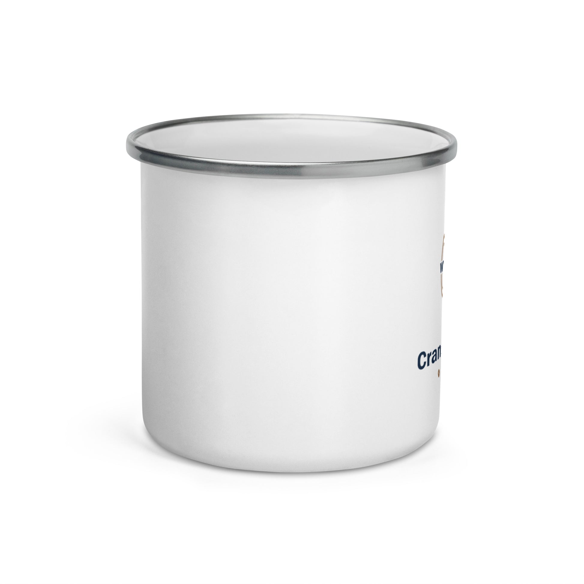 Enamel mug with navy rim, plain white side with partial brand text