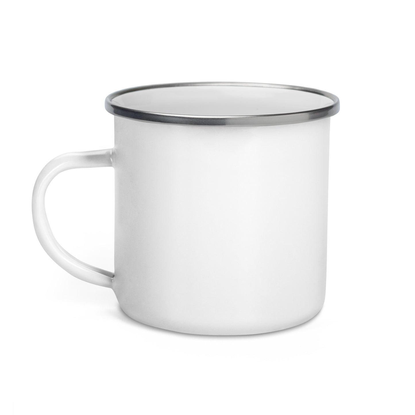 Enamel mug with navy rim and white body, side handle visible