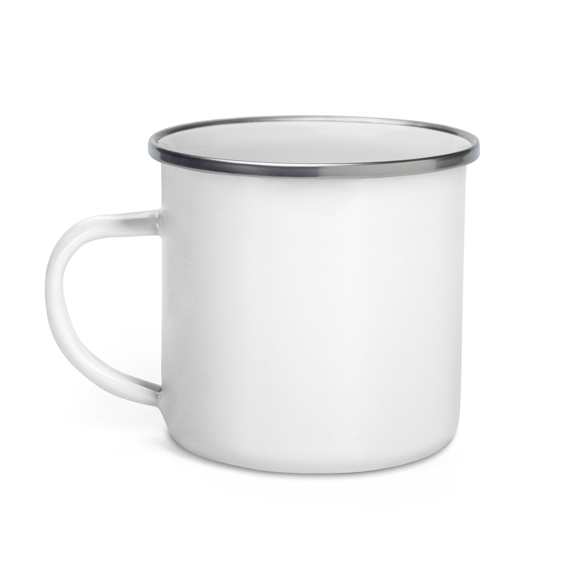 Enamel mug with navy rim and white body, side handle visible