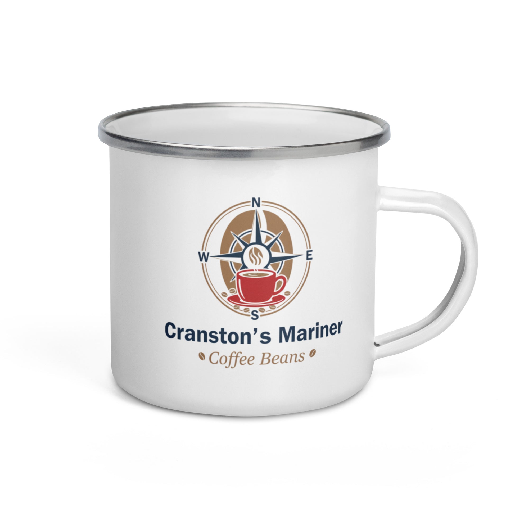 Enamel mug with navy rim, Cranston’s Mariner logo and coffee beans graphic