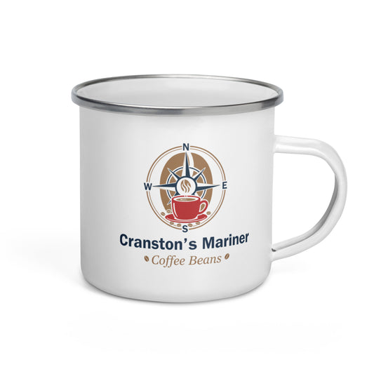 Enamel mug with navy rim, Cranston’s Mariner logo and coffee beans graphic