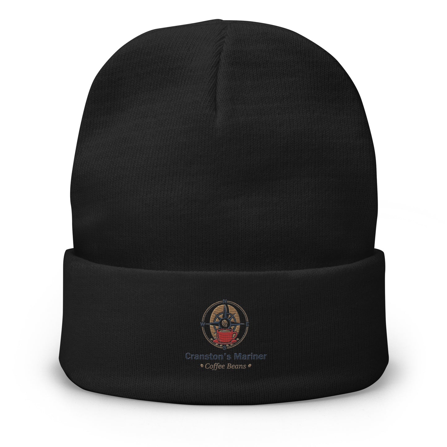 Black embroidered beanie with folded cuff and front logo patch