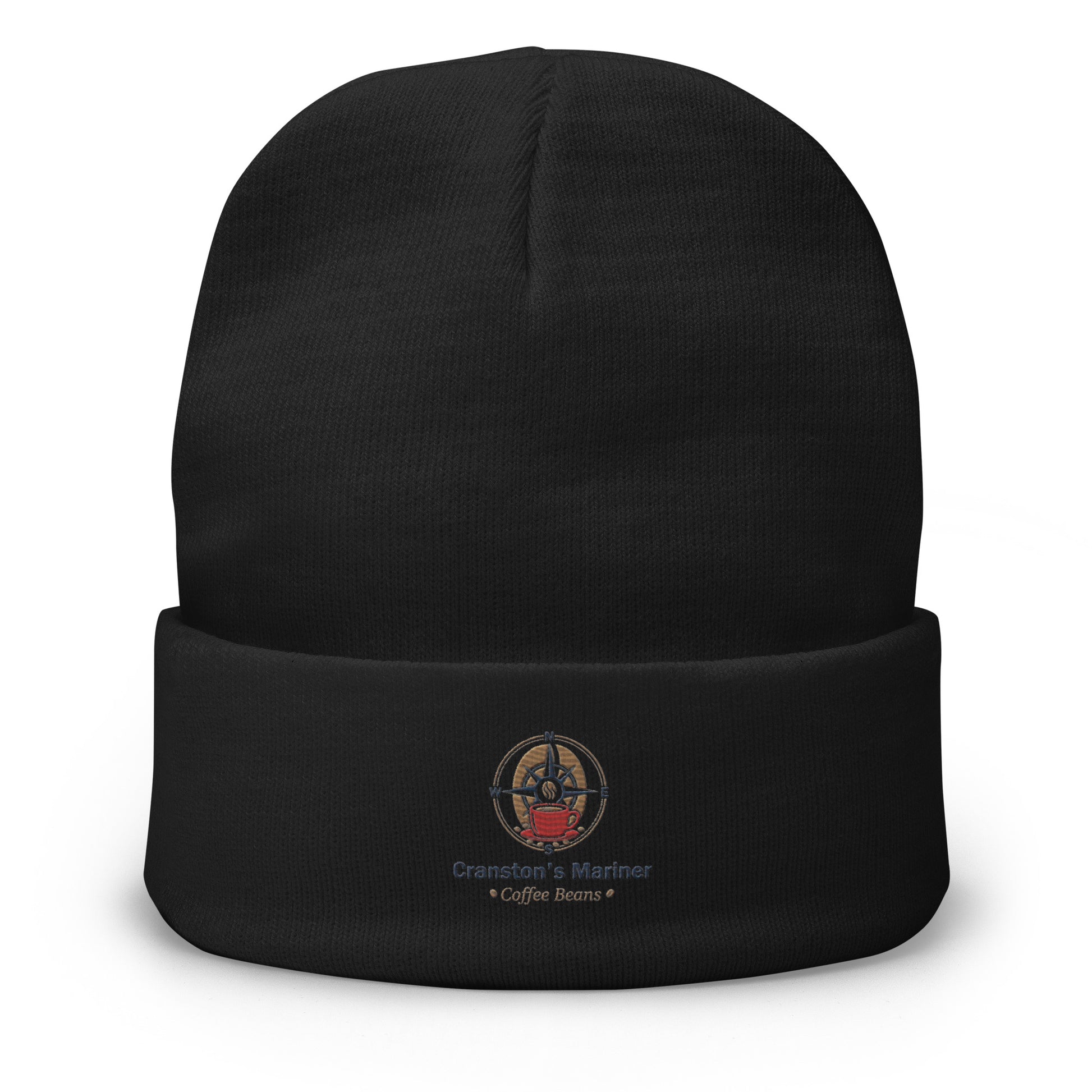Black embroidered beanie with folded cuff and front logo patch