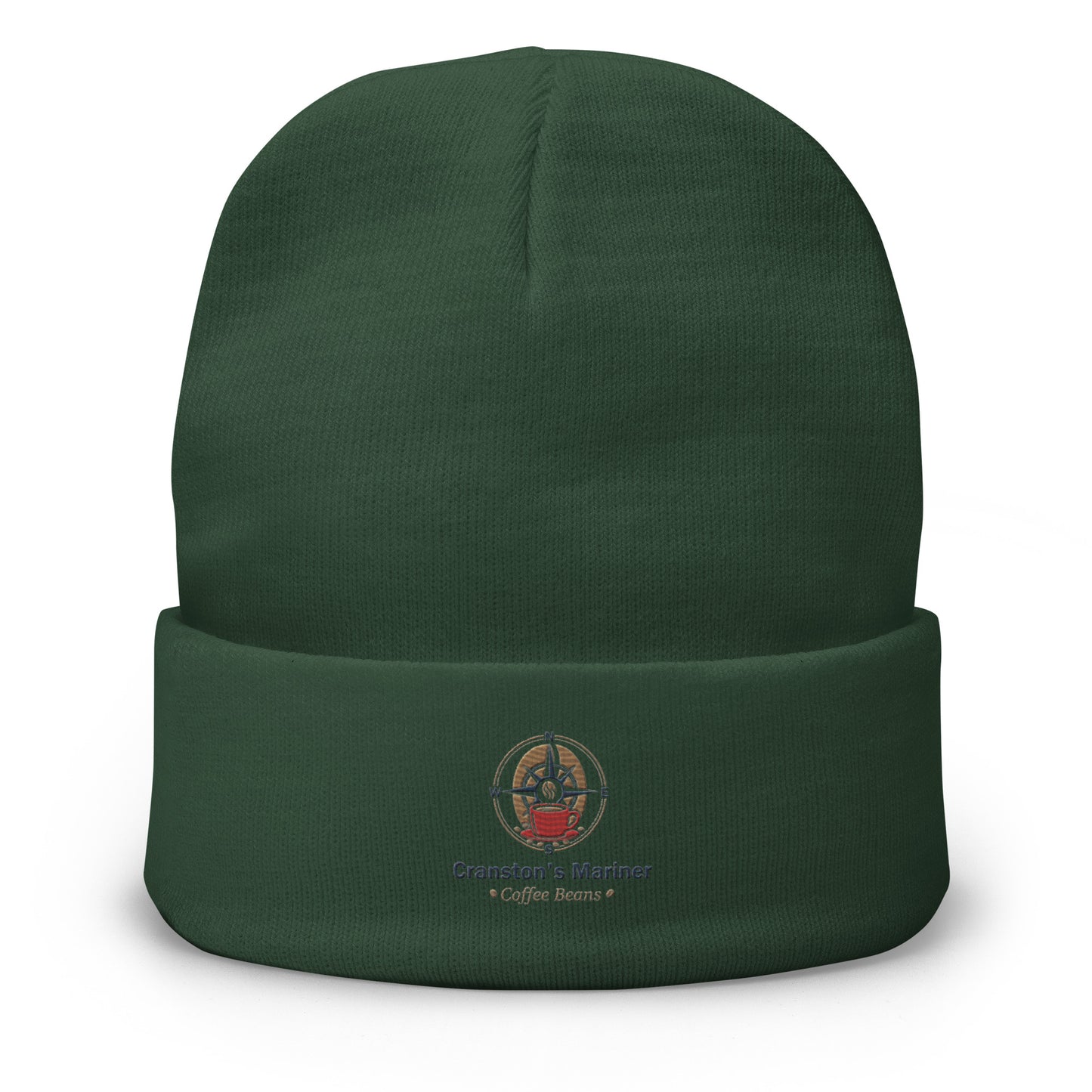 Dark green embroidered beanie with folded cuff and front logo patch