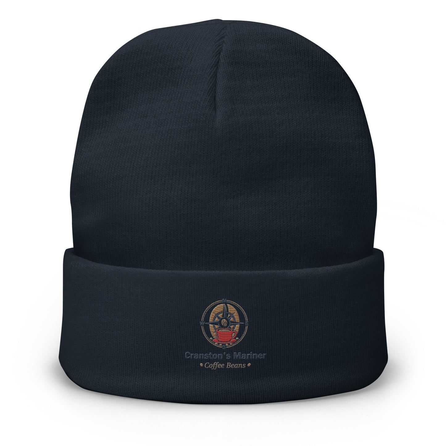 Navy embroidered beanie with folded cuff and front logo patch