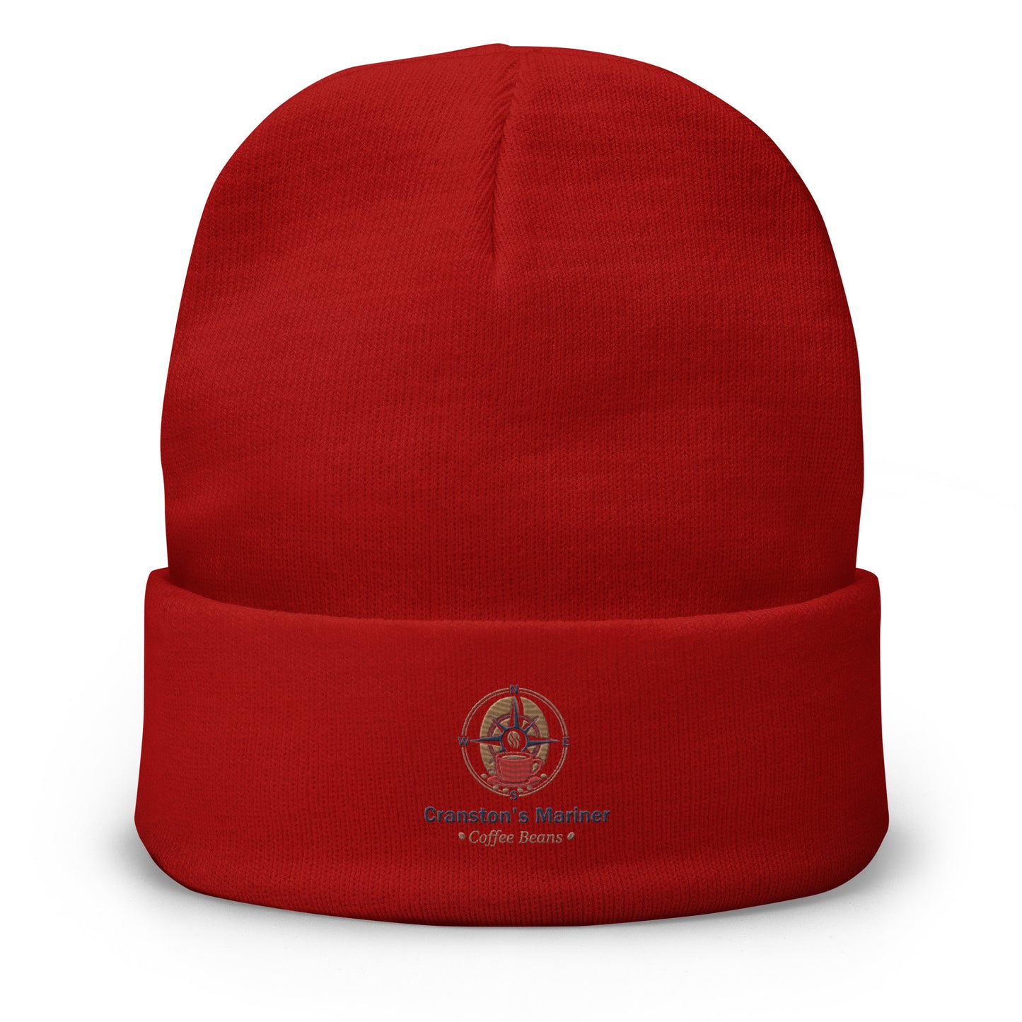 Red embroidered beanie with folded cuff and front logo patch