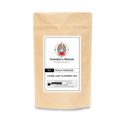 Loose leaf tea pouch labeled Peach Paradise, kraft paper bag with resealable top