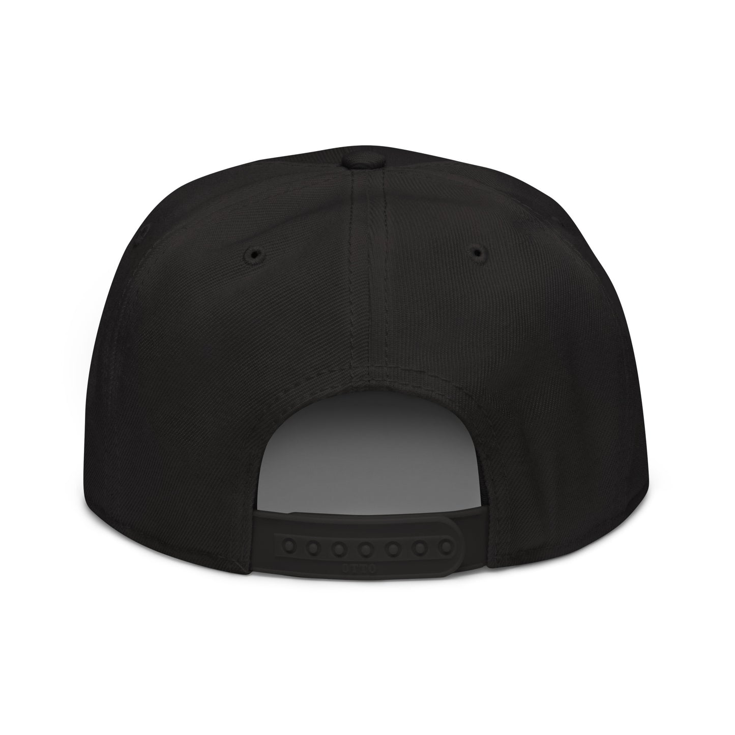 Snapback hat, black with back opening and adjustable strap, no brim logo visible.