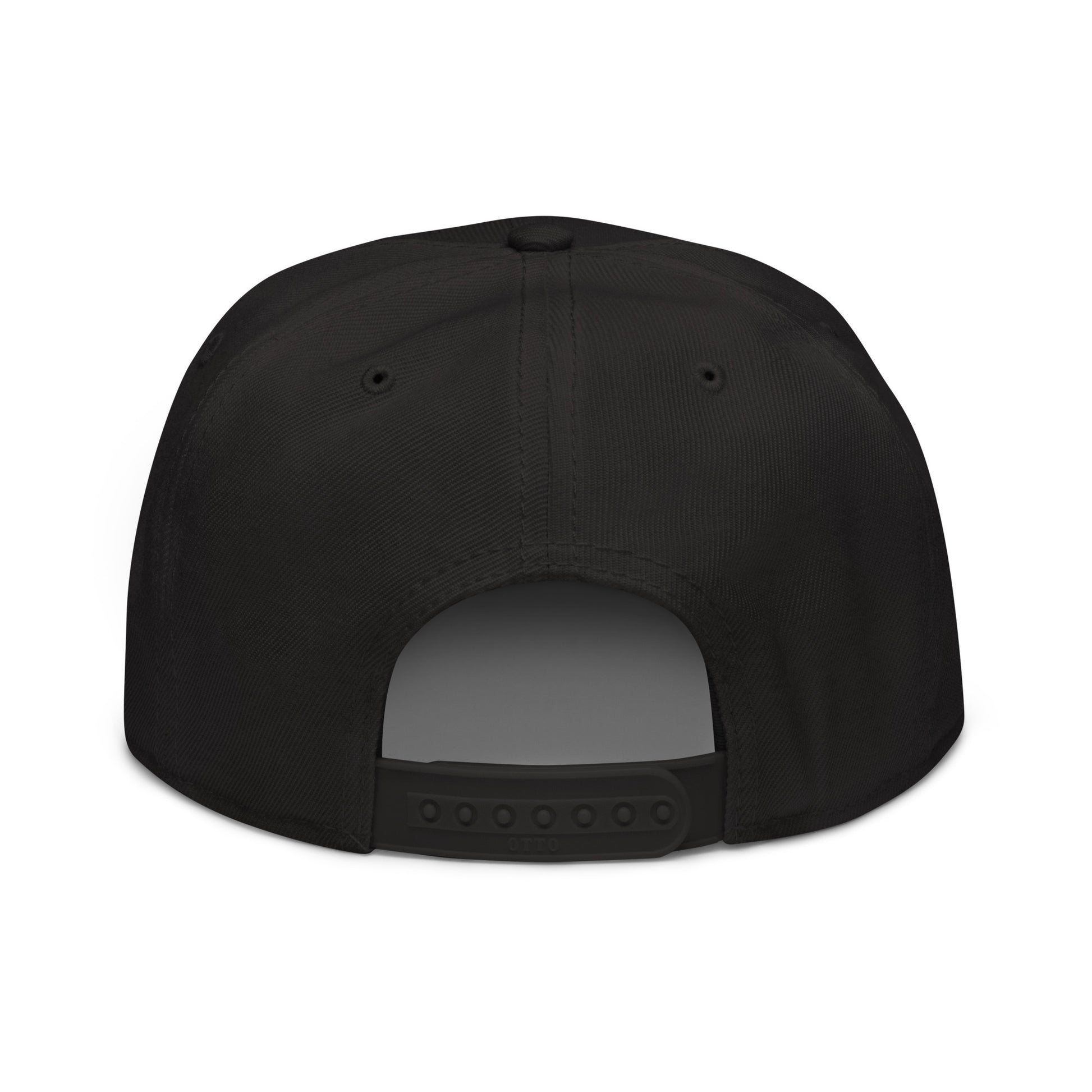 Snapback hat, black with back opening and adjustable strap, no brim logo visible.